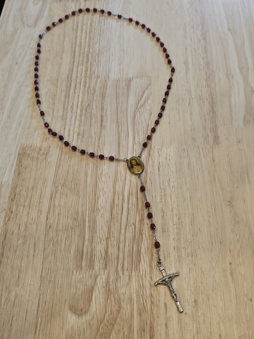 Rosary Necklace Red & Silver